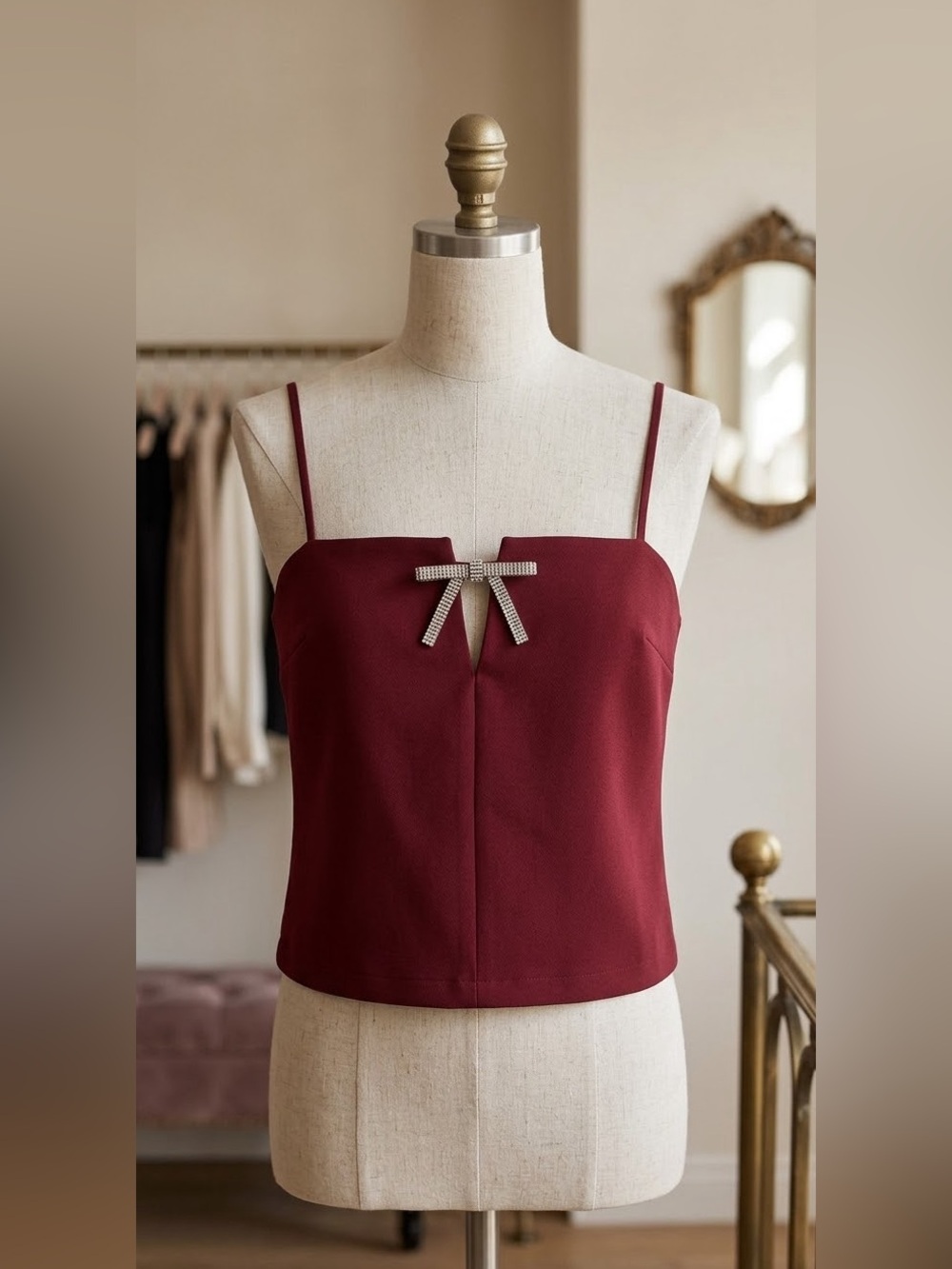 H&M Divided Burgundy Crop Top with Rhinestone Bow Size XXL